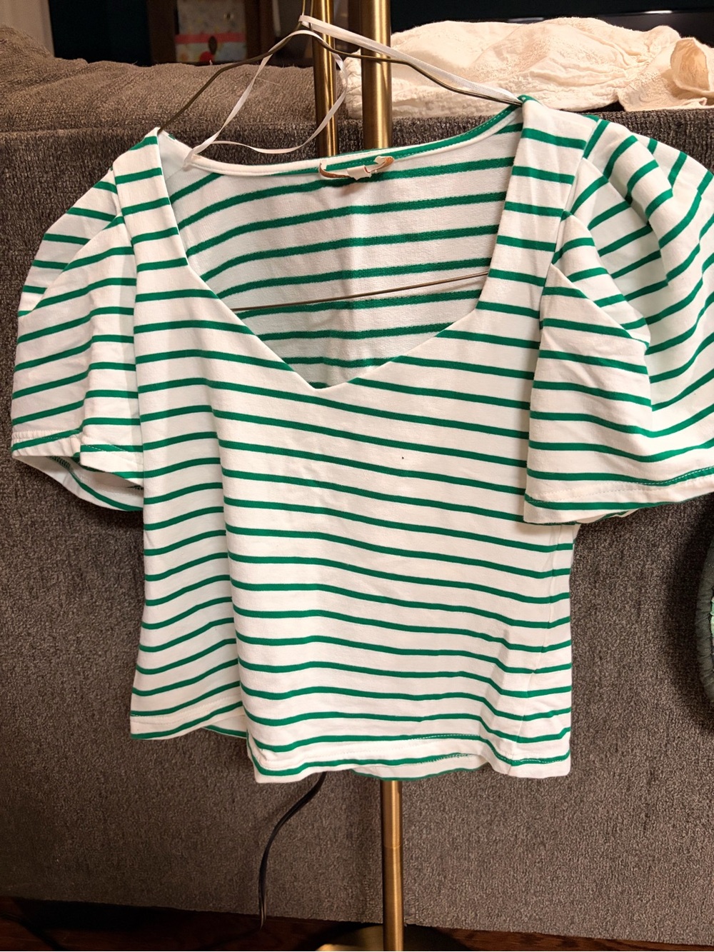 Skies Are Blue White and Green Striped V-Neck Puff Sleeve Tee